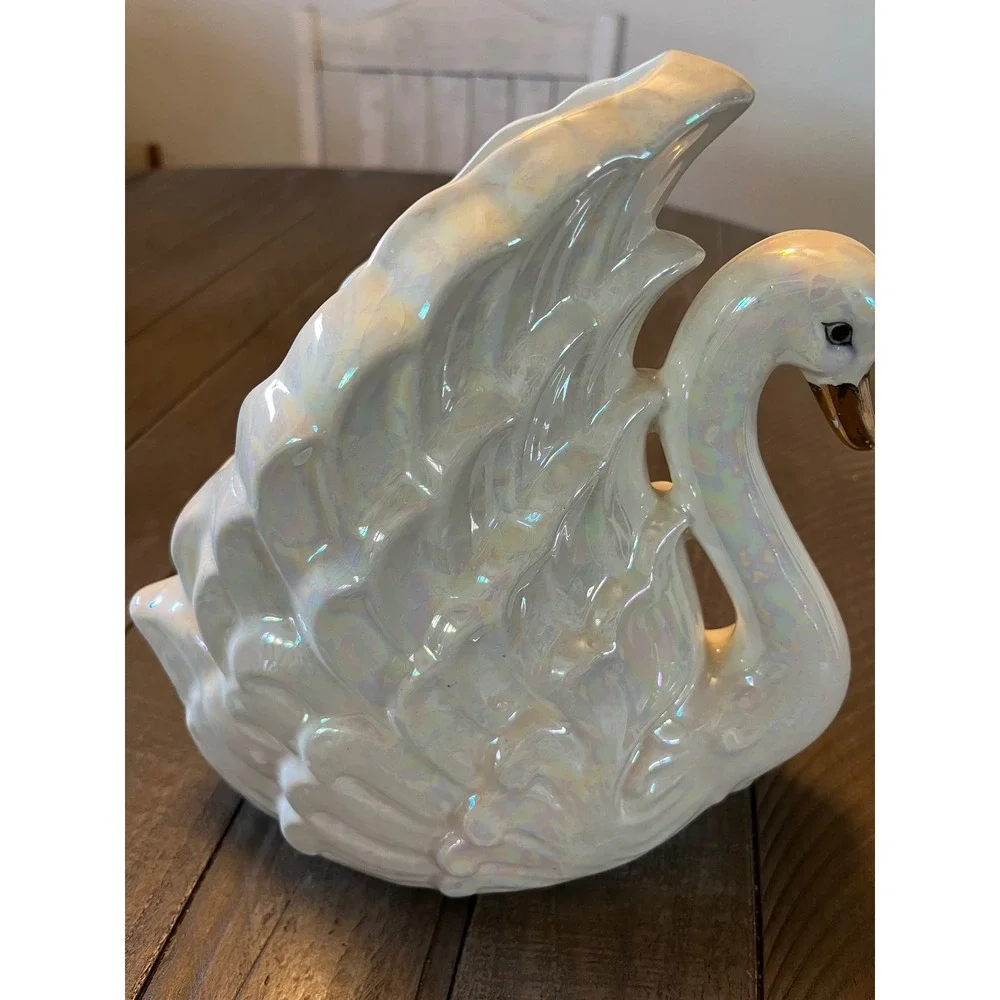 Vintage Iridescent Pearl Swan Ceramic Planter Vase Gold Beak Hollywood Regency